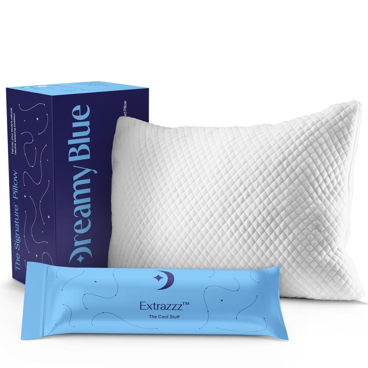 DreamyBlue oreiller face avant King montrant forme et finition, confort immédiat