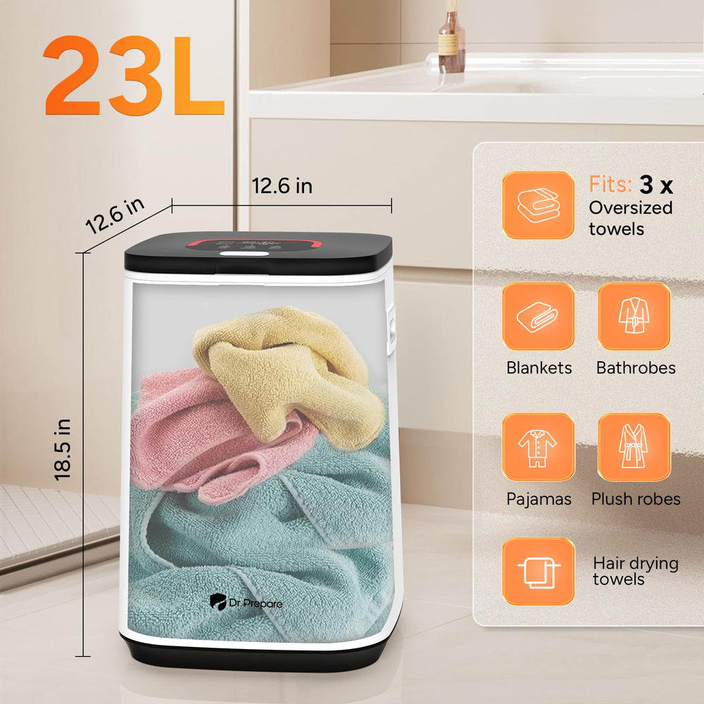 DR.PREPARE comparaison taille montrant capacité 23L pour grandes serviettes