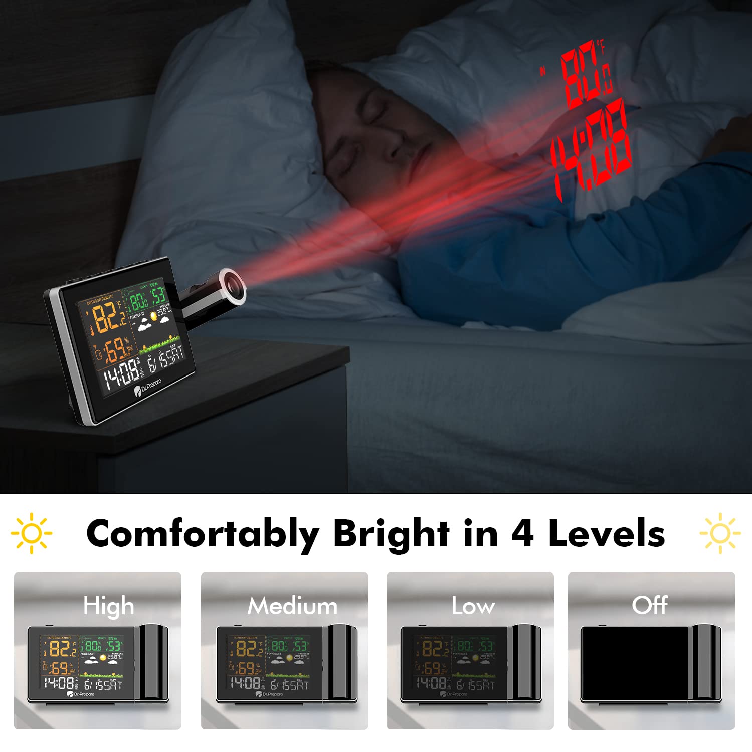 DR.PREPARE commandes arrière montrant boutons d'alarme et snooze