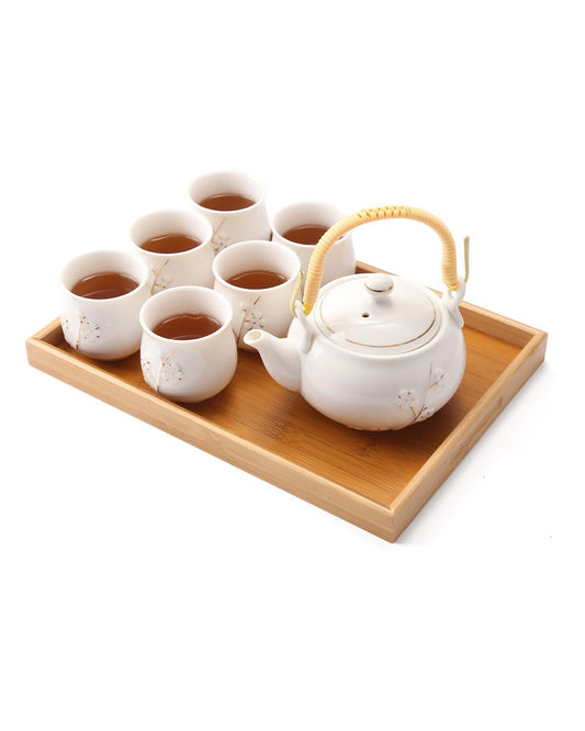DUJUST ensemble complet montrant théière, six tasses et plateau, élégant pour recevoir