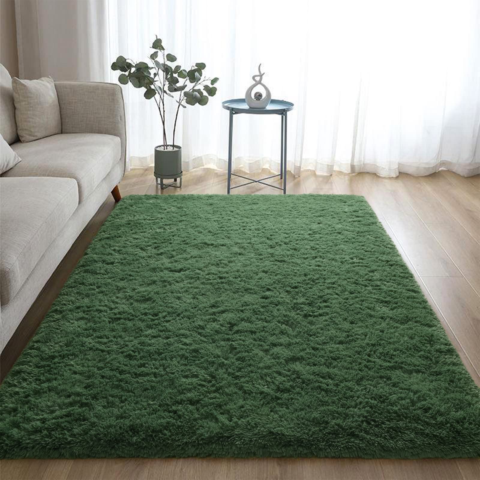 DweIke tapis à l'échelle près d'un canapé, montre dimensions réelles