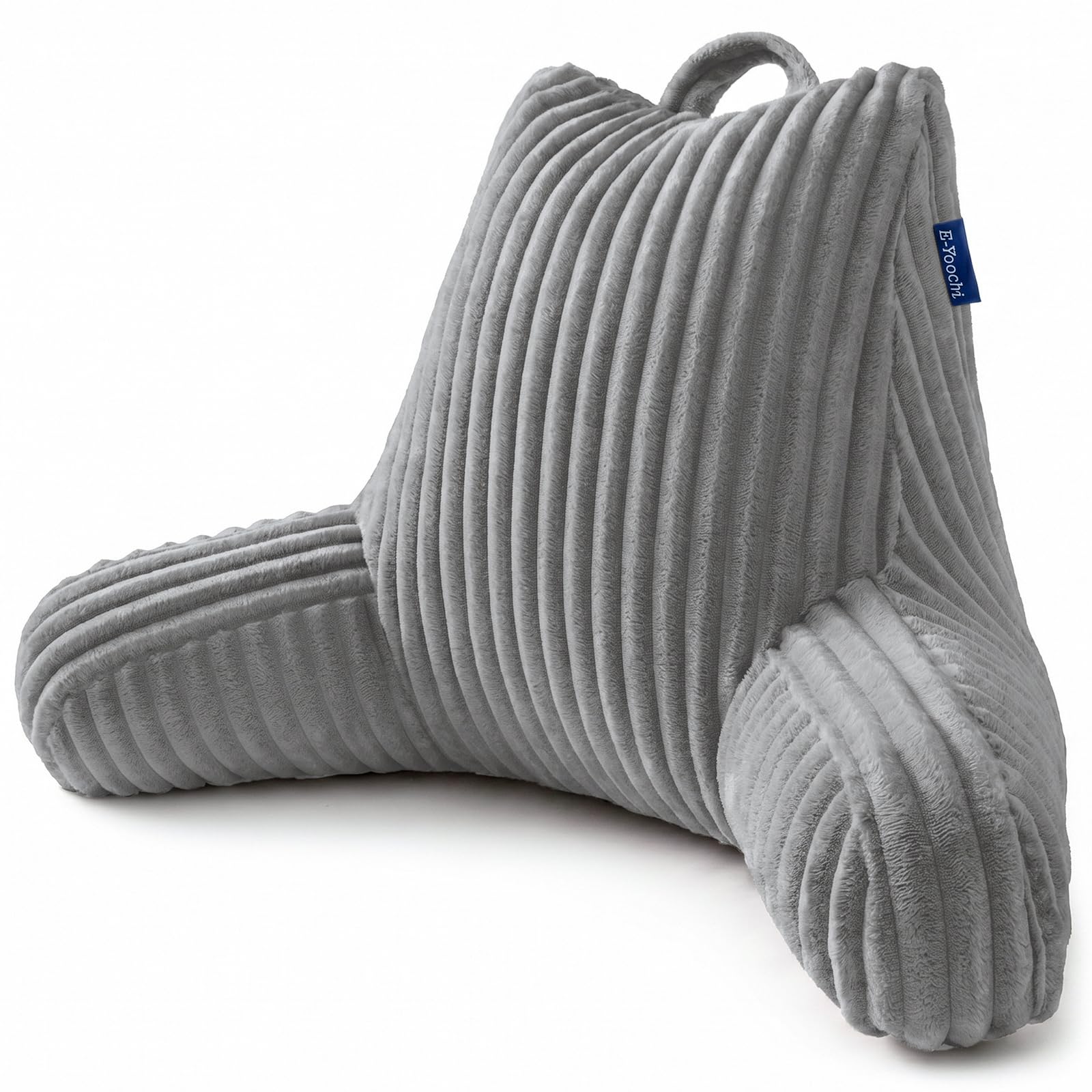 E-Yoochi face avant du coussin de lecture gris montrant soutien dorsal et accoudoirs confortables