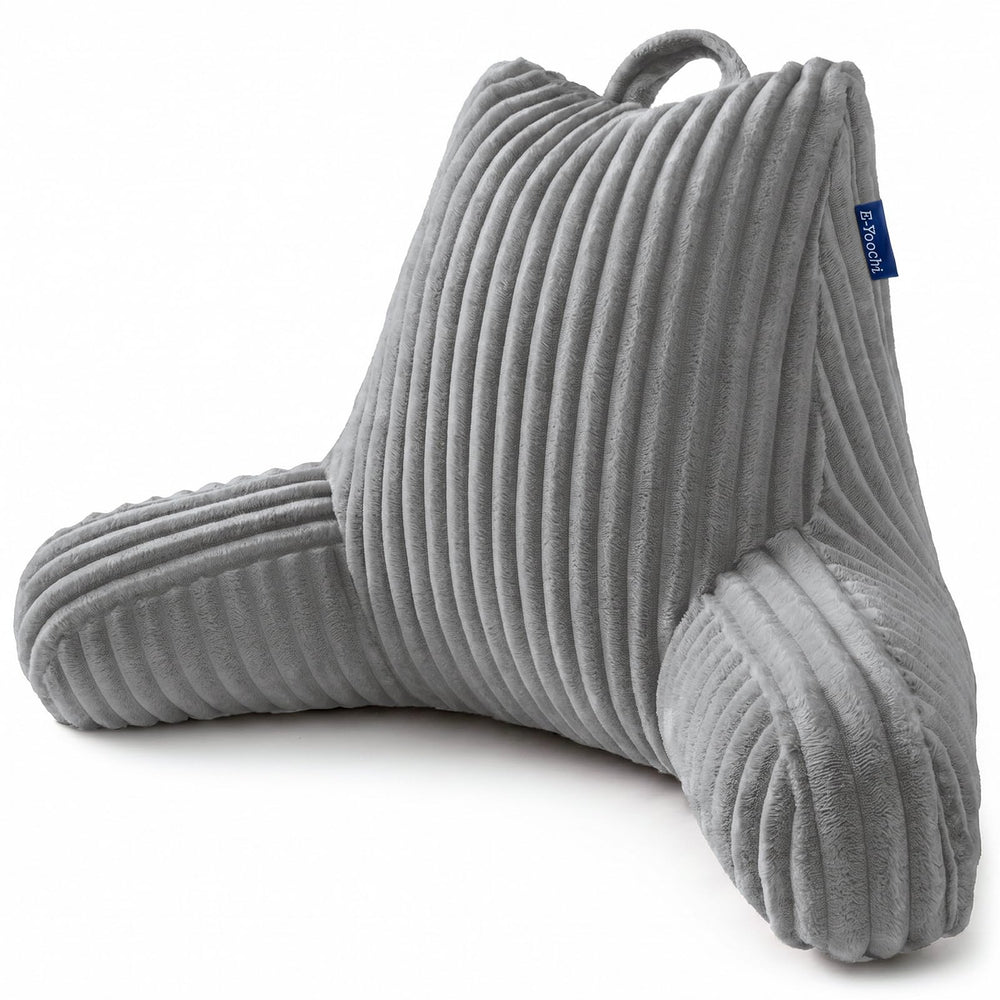 E-Yoochi face avant du coussin de lecture gris montrant soutien dorsal et accoudoirs confortables