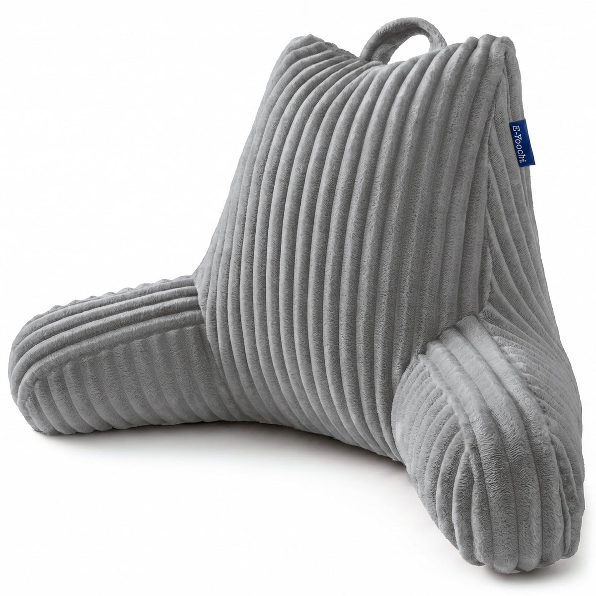 E-Yoochi face avant du coussin de lecture gris montrant soutien dorsal et accoudoirs confortables