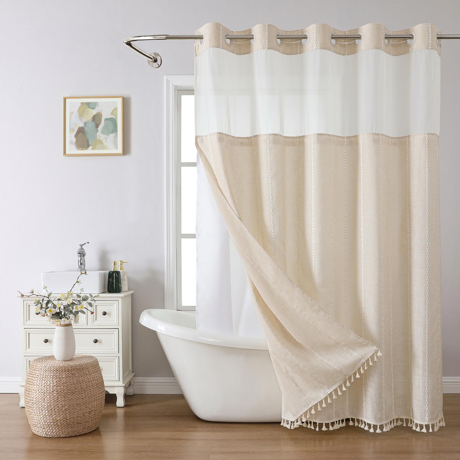 eachope vue avant du rideau crème beige affichant design boho farm