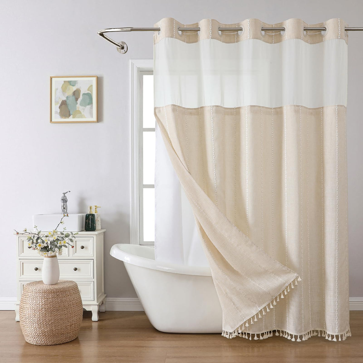 eachope vue avant du rideau crème beige affichant design boho farm