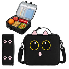 Easozoom vue avant du sac noir montrant design chat et fermeture, pratique pour repas