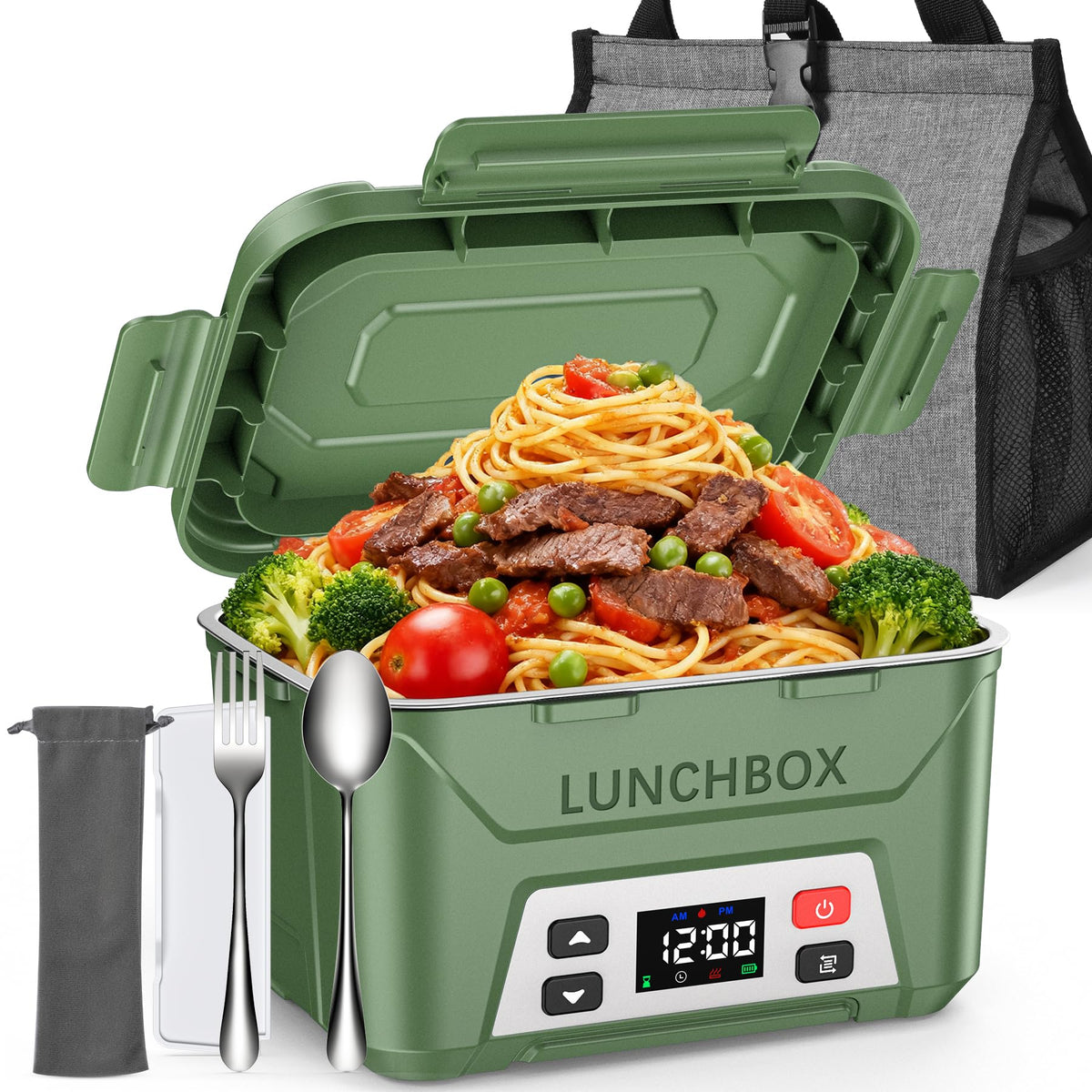EAST OAK emballage avant montrant le chauffe-plat portable et ses avantages