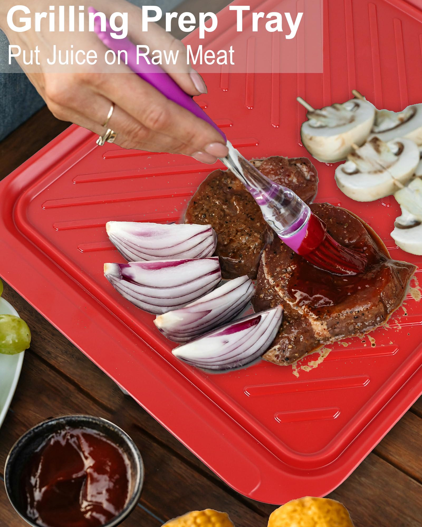 ECOIOU plateau en usage avec viande crue prête à griller pour préparation plus sûre