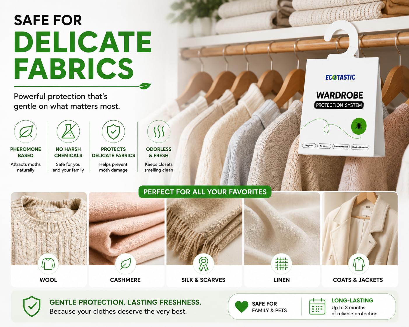 ECOTASTIC piège placé dans un placard protégeant vêtements et espaces de rangement