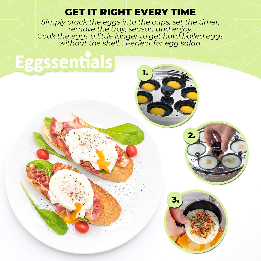 Eggssentials poêle en utilisation avec œufs pochés prêts à servir, cuisson homogène