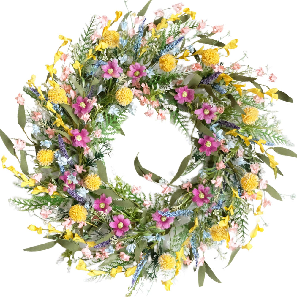 egolot couronne face porte montrant lavande et forsythia, ajoute couleur à l'entrée