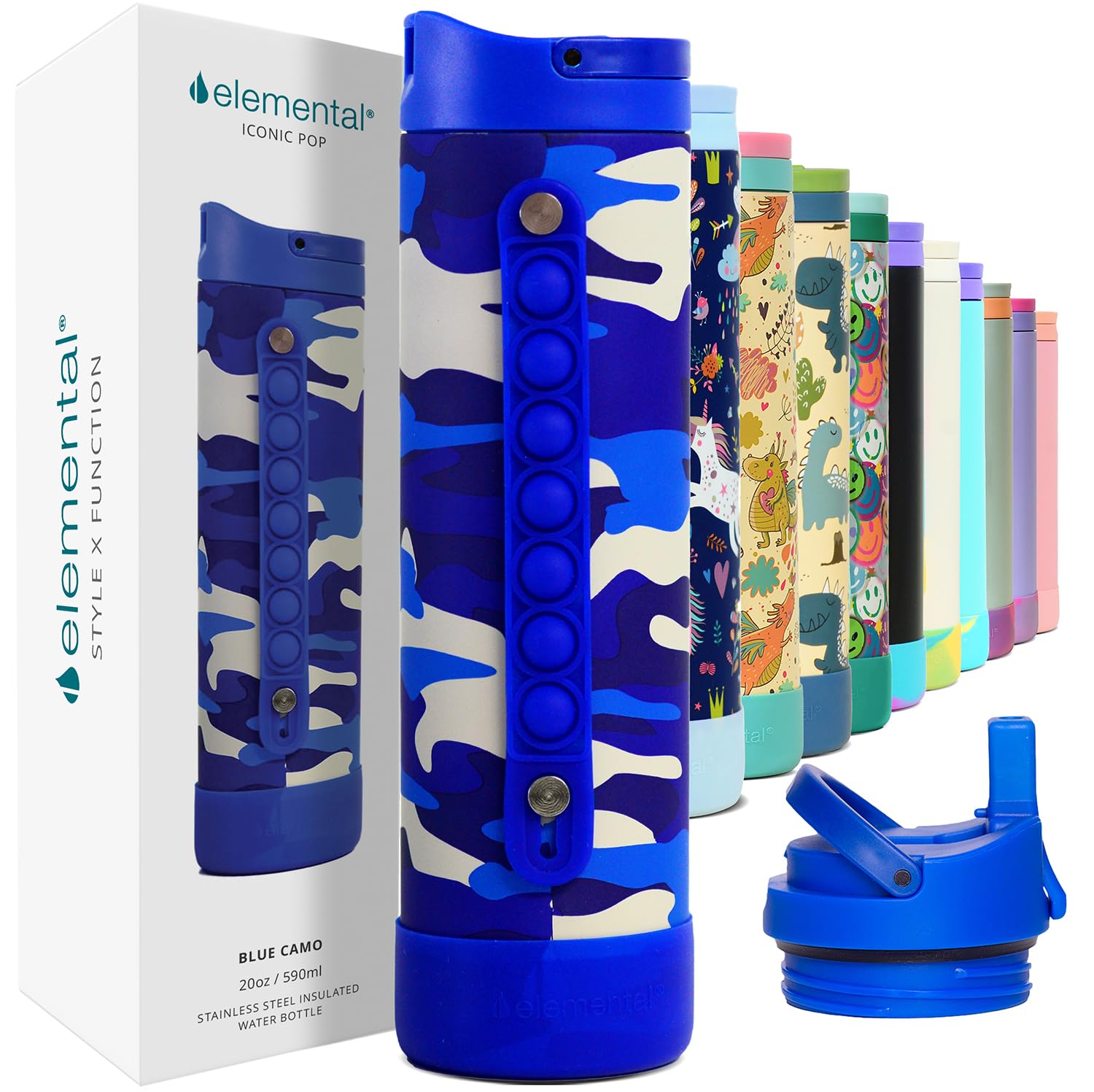 Elemental vue avant de la bouteille 20oz, design compact et transport facile