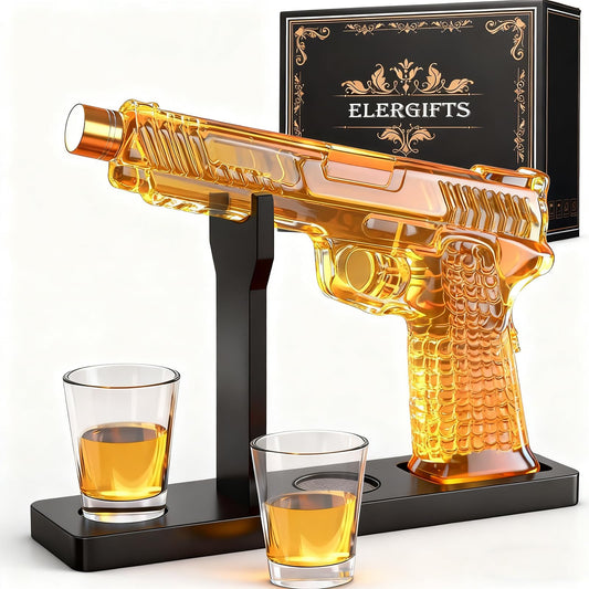 ELERGIFTS décanteur pistolet face montrant design unique et attrait décoratif