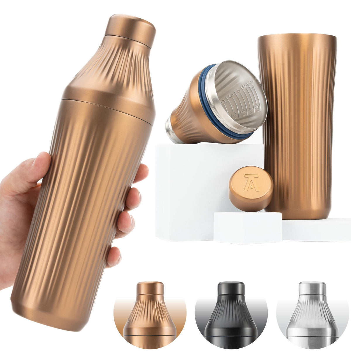 Elevated Craft shaker cuivre brossé en vue de face montrant finition élégante et robustesse