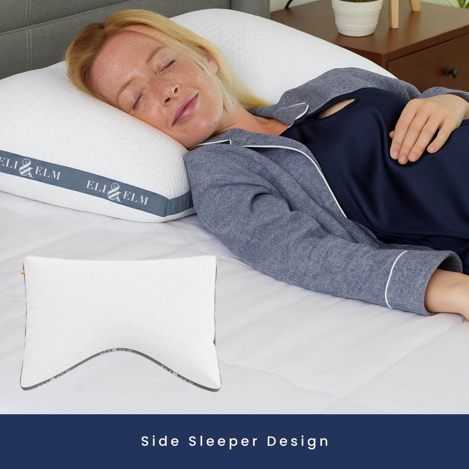 Eli & Elm oreiller en utilisation sur un lit, position latérale démontrant l'alignement de la nuque