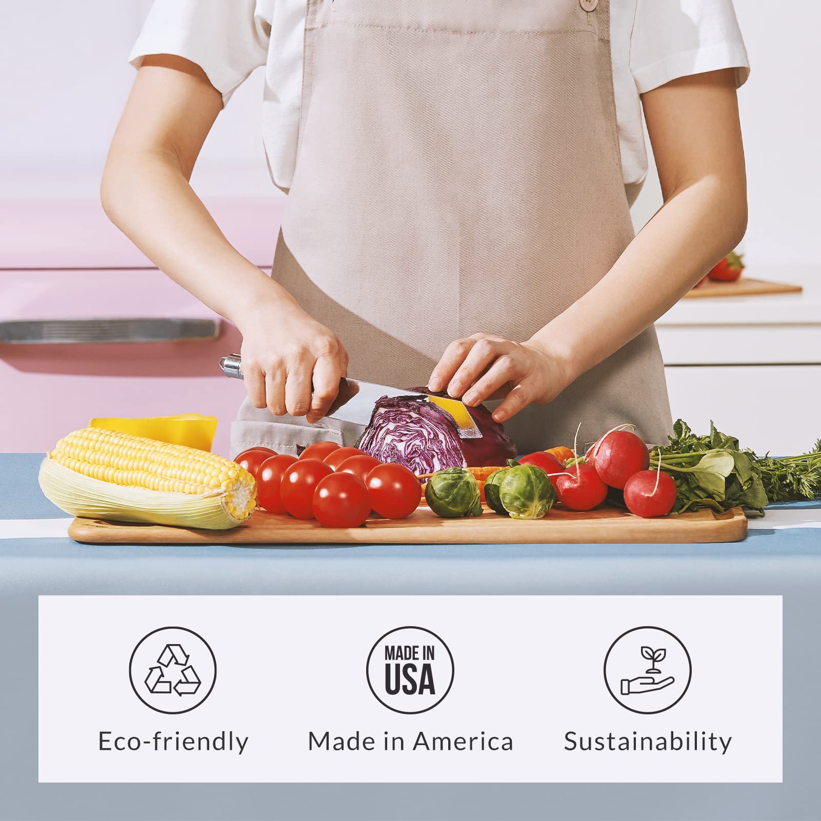 Elihome planche zoom étiquette matière Made in USA soulignant qualité et origine