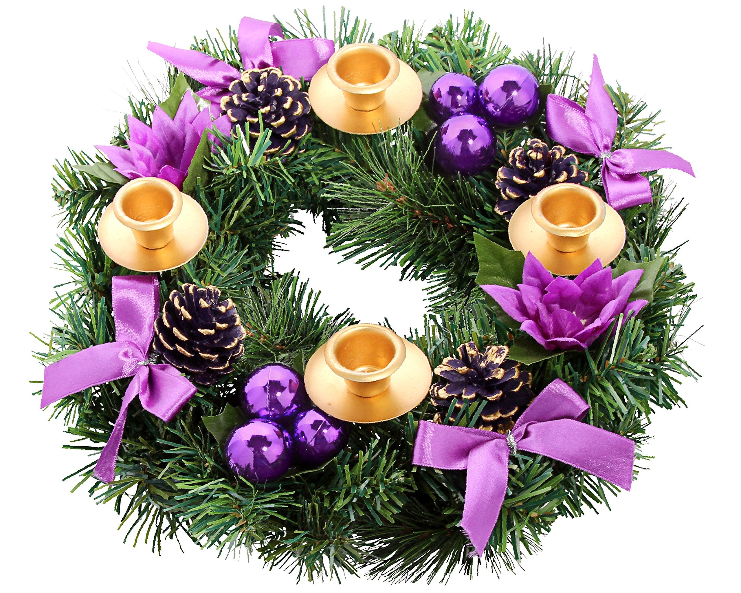 Elite Holiday Products couronne de l'Avent face avant montrant rubans violets et intérêt décoratif