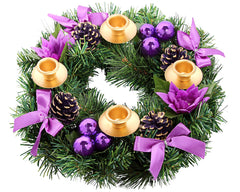 Elite Holiday Products couronne de l'Avent face avant montrant rubans violets et intérêt décoratif