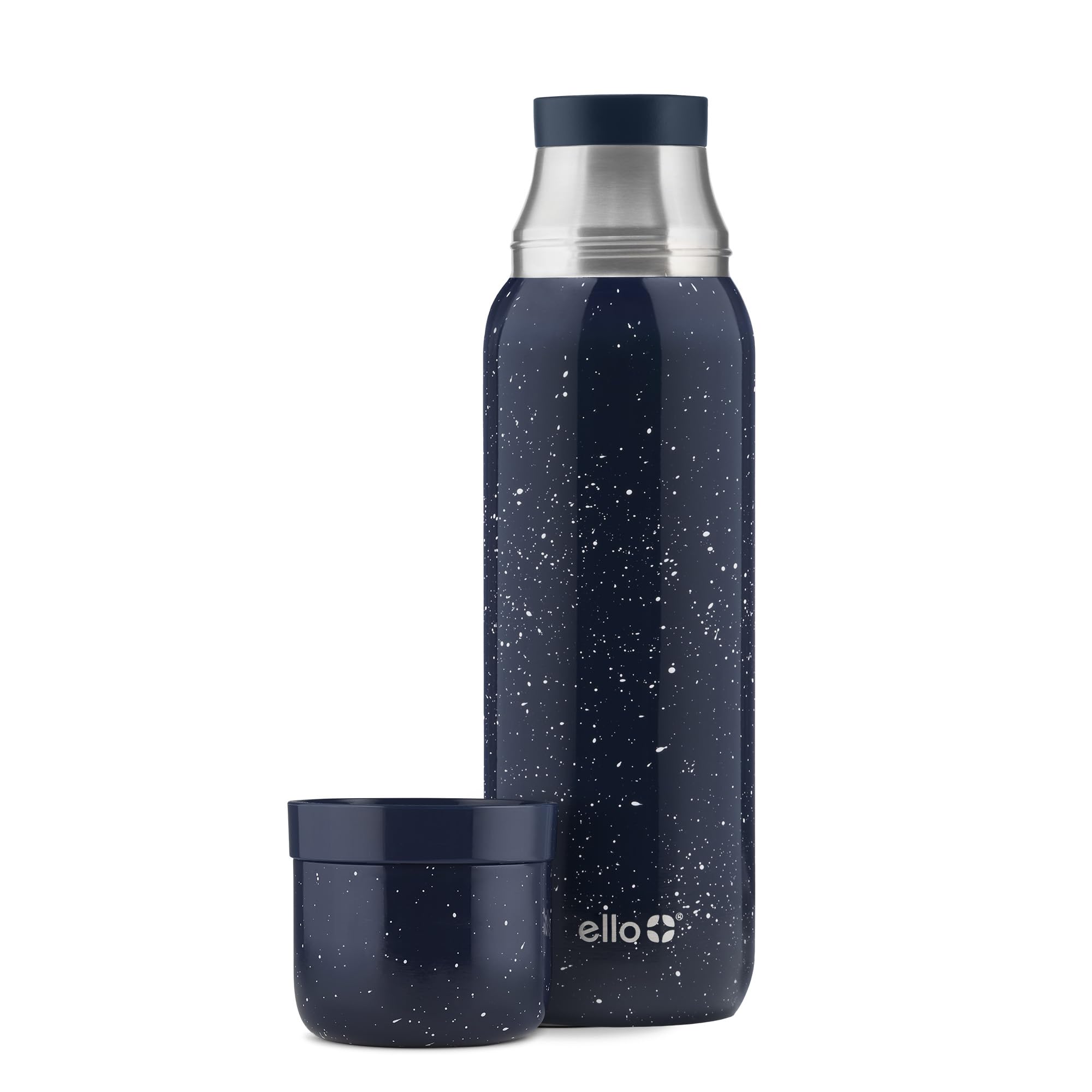 Ello Therma vue avant du thermos montrant la finition bleue et le bouchon pratique