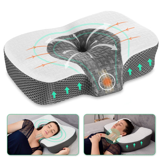 Elviros emballage avant montrant l'oreiller et les caractéristiques ergonomiques