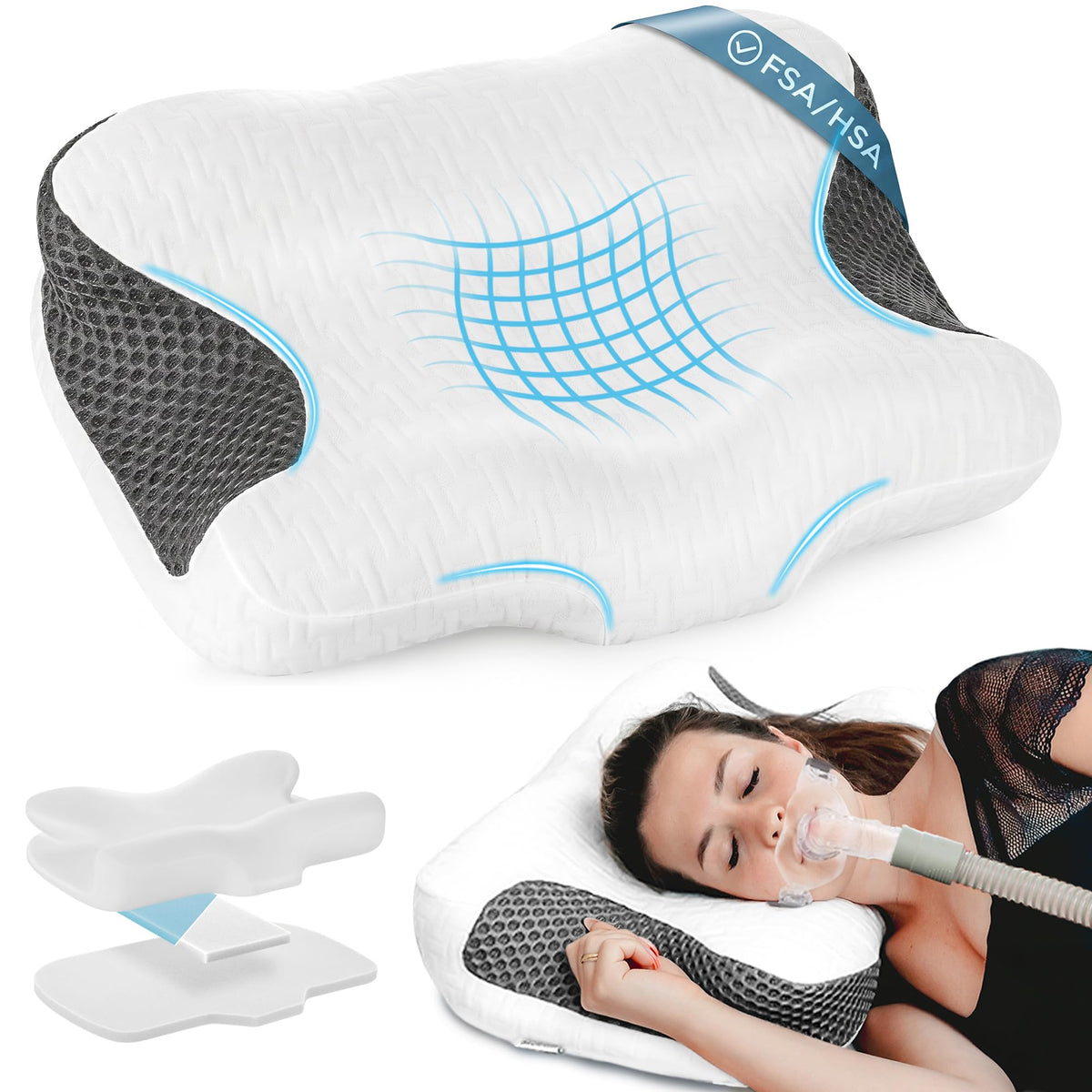 Elviros oreiller CPAP vue frontale montrant découpes et profil confortable