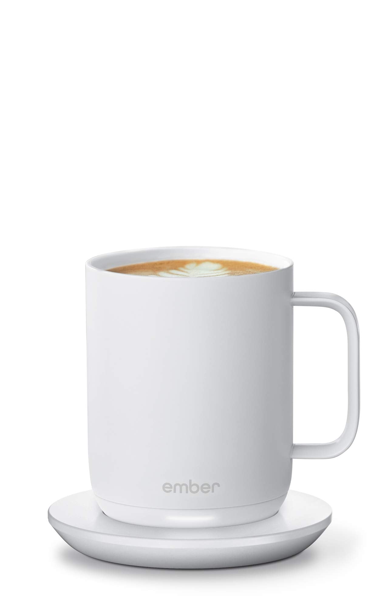 Gros plan de la surface du Charging Coaster 2 Ember mettant en valeur la finition blanche et une charge stable