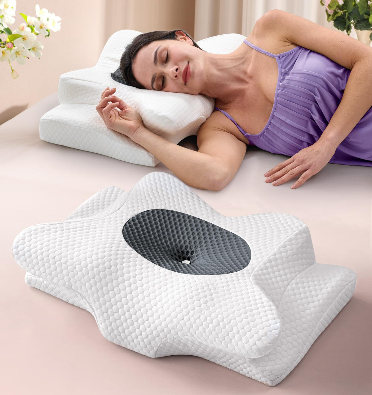 Emircey oreiller face avant montrant la forme papillon et maintien ergonomique