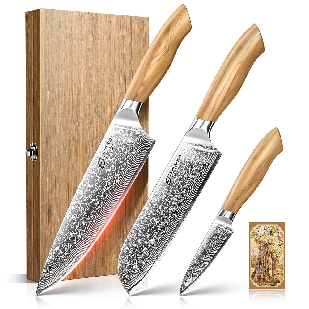 Emojoy coffret ouvert montrant les trois couteaux, présentation élégante et protection