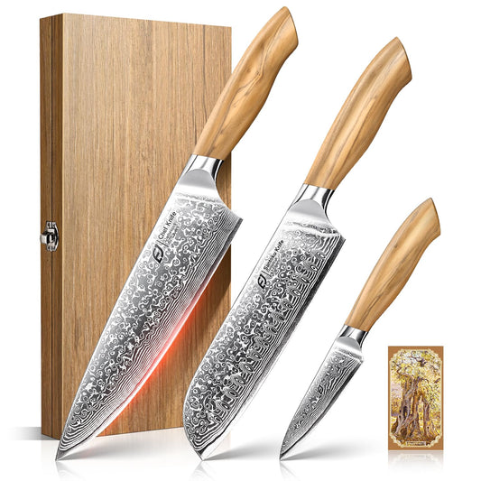 Emojoy coffret ouvert montrant les trois couteaux, présentation élégante et protection