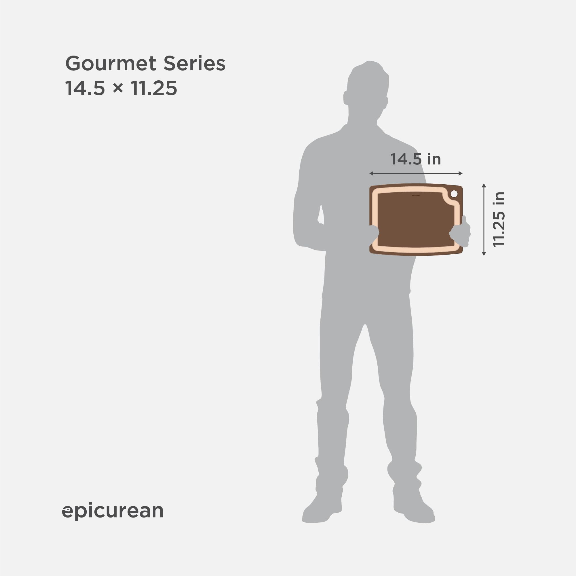 Epicurean planche posée à côté d'un couteau pour comparaison d'échelle et dimensions pratiques