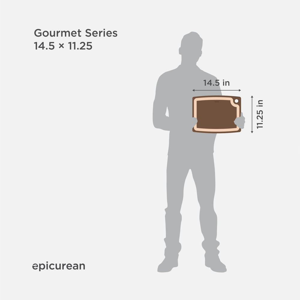 Epicurean planche posée à côté d'un couteau pour comparaison d'échelle et dimensions pratiques