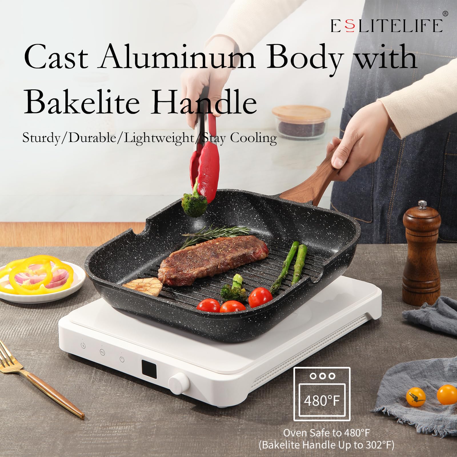 ESLITE LIFE pinces et bords verseurs facilitant drainage et service propre