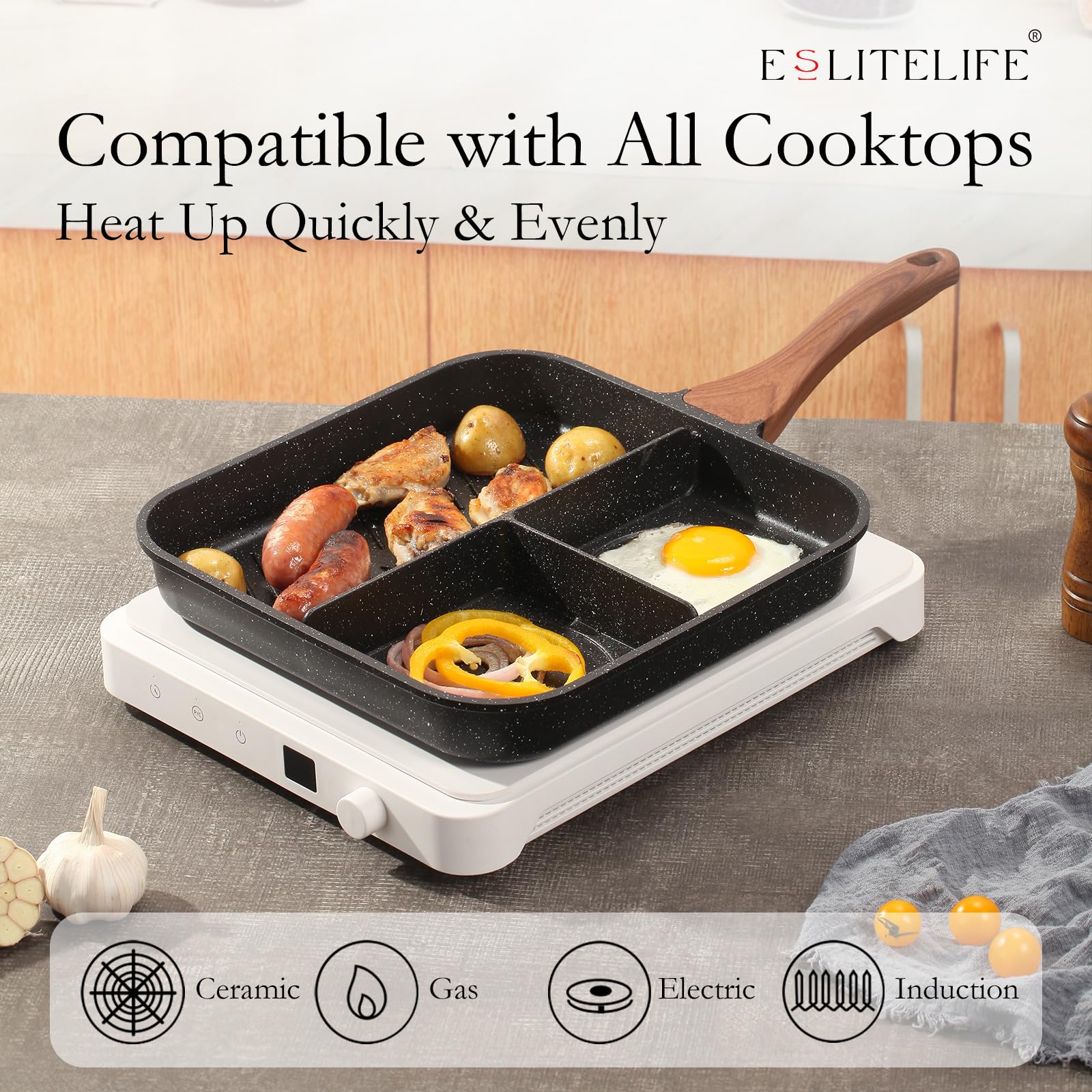 ESLITE LIFE poêle en usage avec bacon et œufs, cuisson simultanée rapide