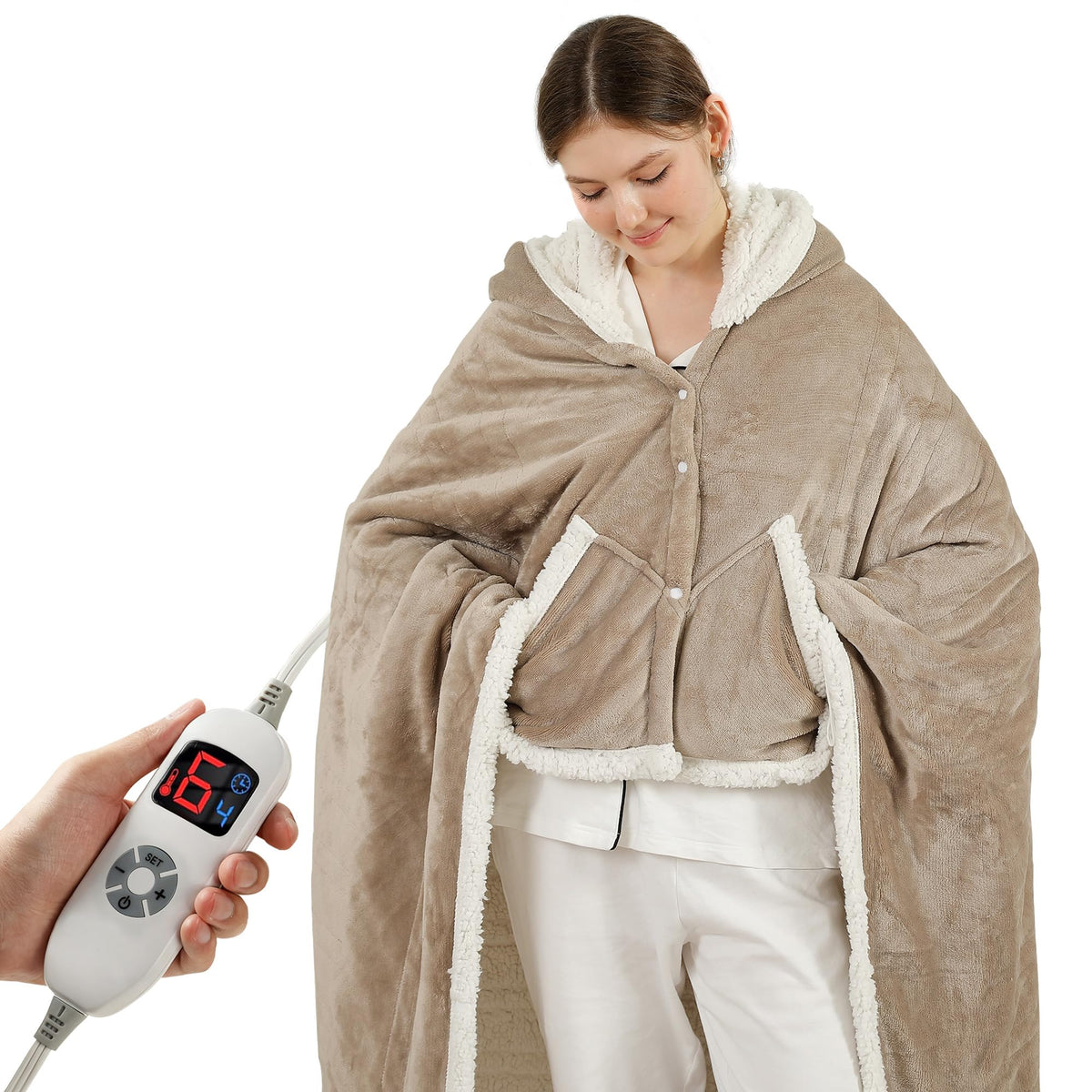ESTINGO poncho chauffant face avant montrant coupe confortable et chaleur