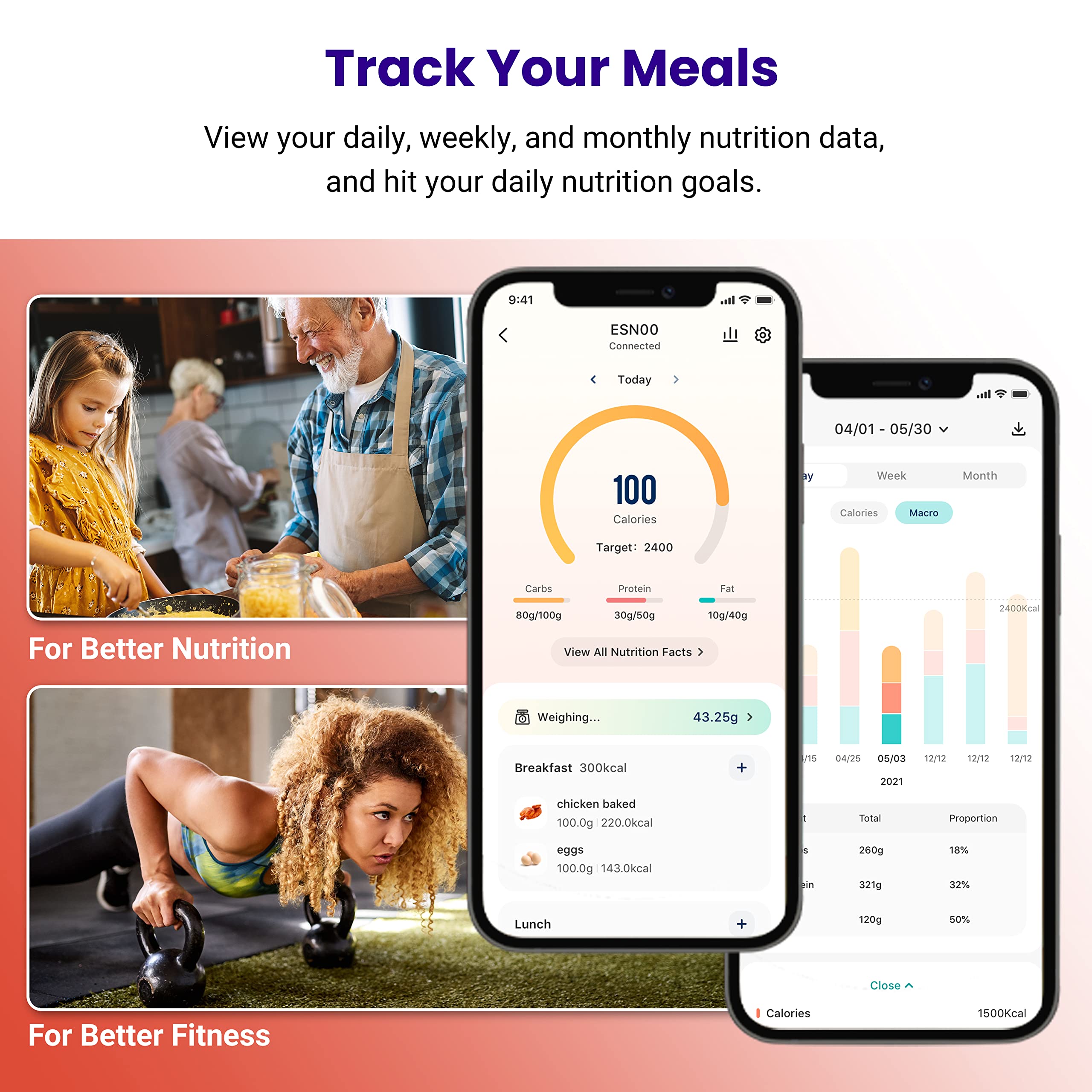 Etekcity écran affichant calories et nutriments, aide au suivi précis