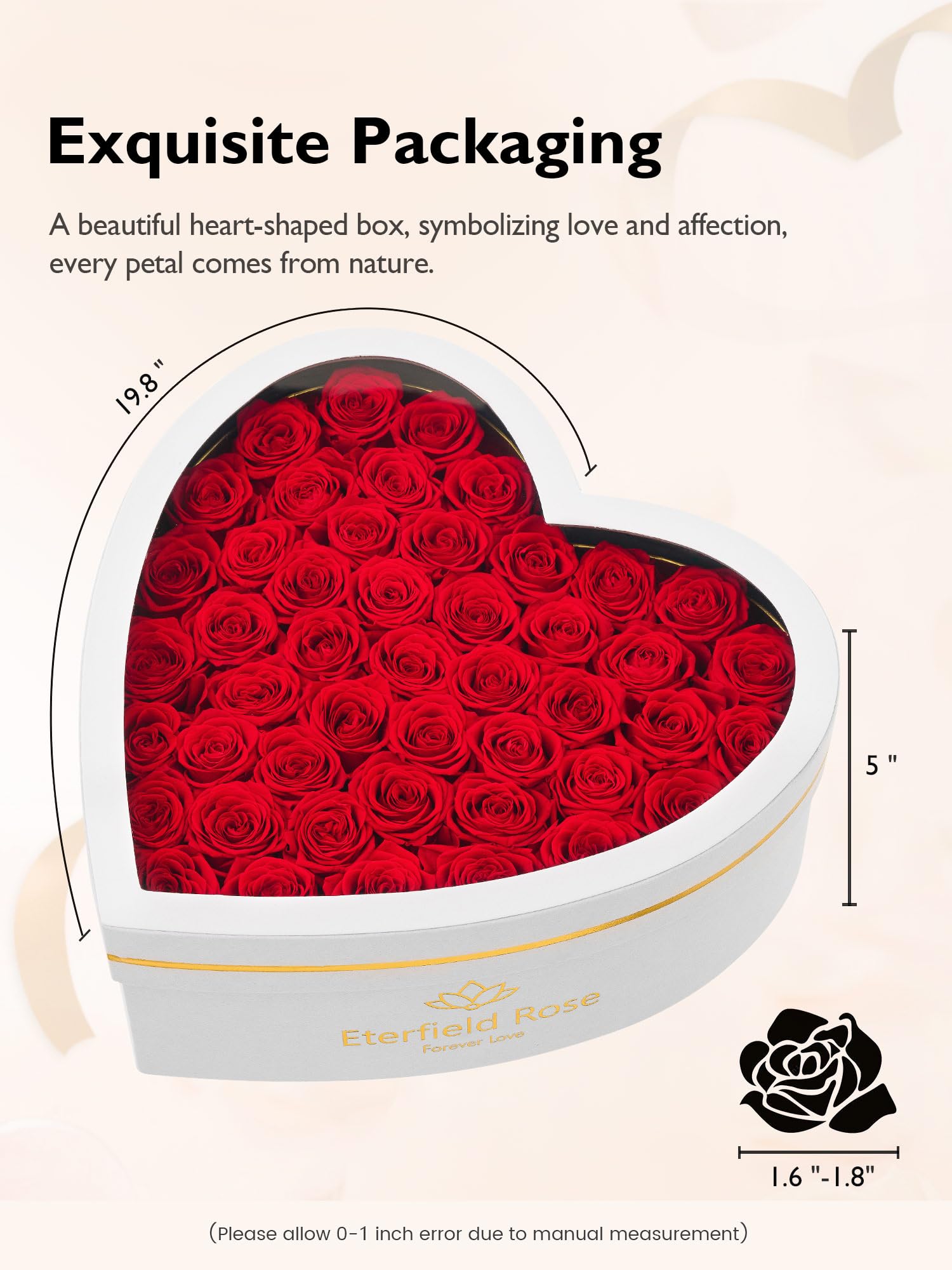 Eterfield boîte ouverte présentant les 47 roses arrangées, idéal cadeau durable