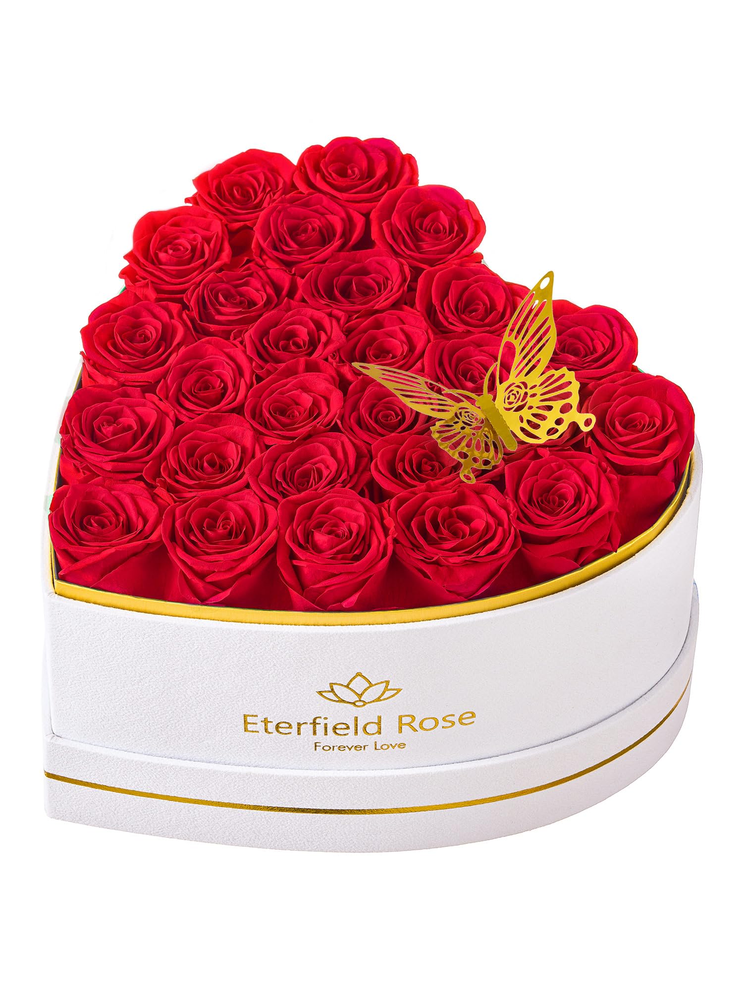 Eterfield coffret cœur devant montrant 27 roses rouges, cadeau élégant