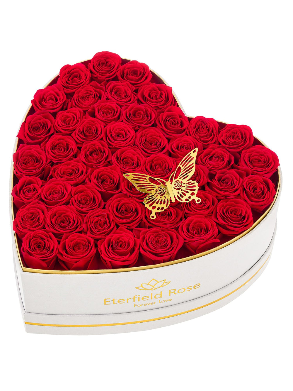 Eterfield coffret cœur face avant montrant 47 roses rouges et protection PVC