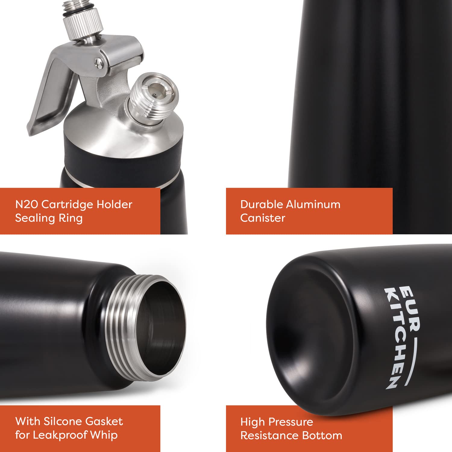 EurKitchen siphon posé à côté d’un verre pour visualiser sa taille pratique