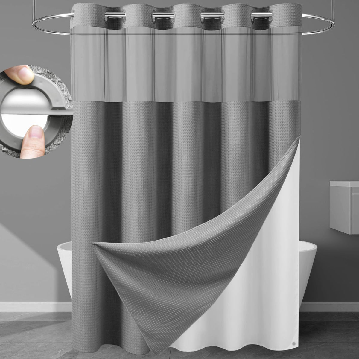 EUTXL rideau de douche face entière gris montrant style spa et protection