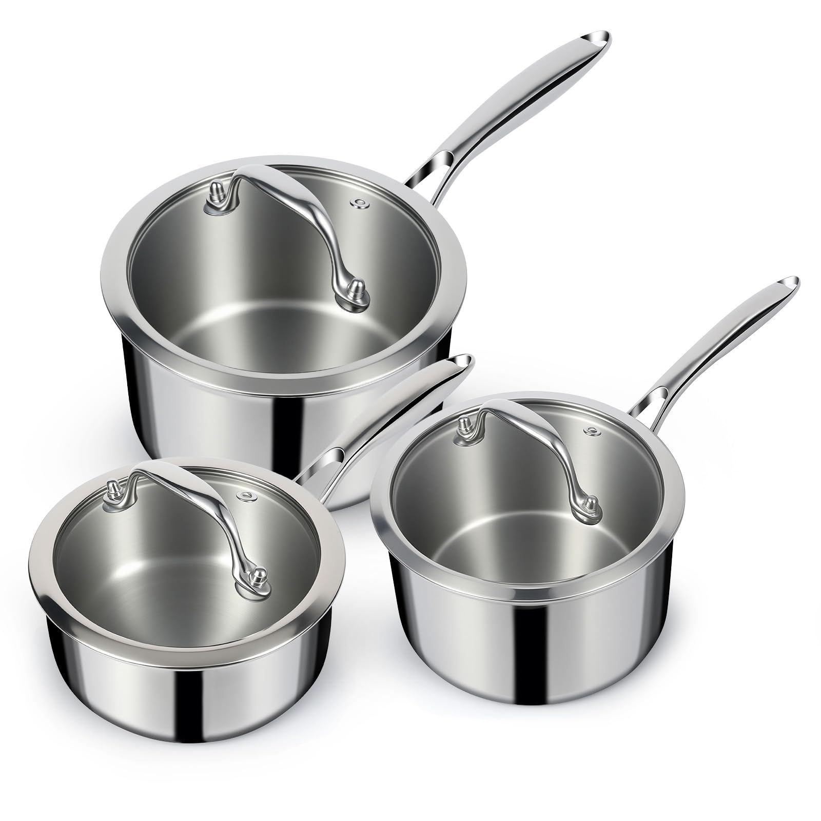 EWFEN ensemble casseroles face avant montrant trois tailles et couvercles — praticité