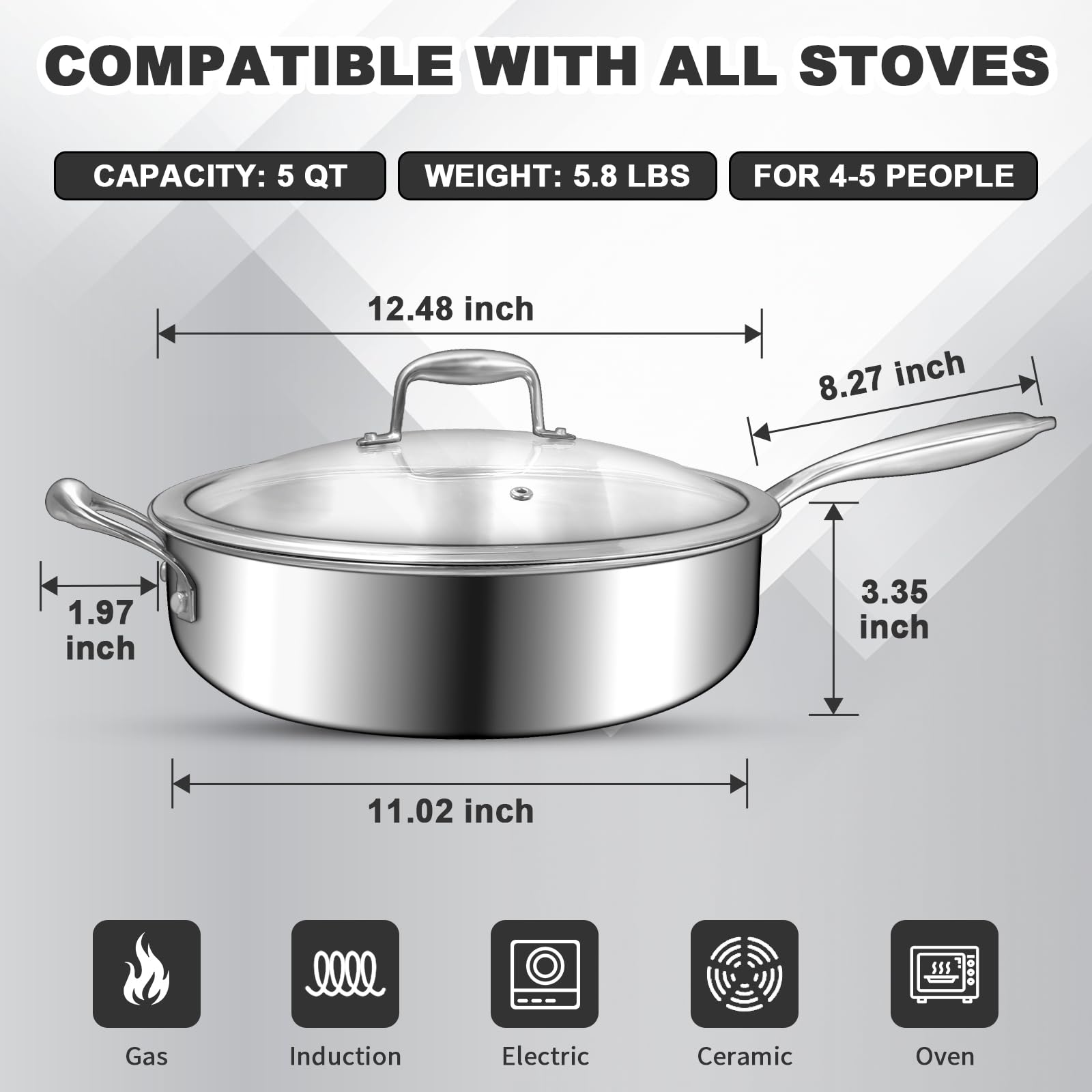 EWFEN poêle 12" intérieur 304 inox poli facilitant nettoyage et cuisson saine