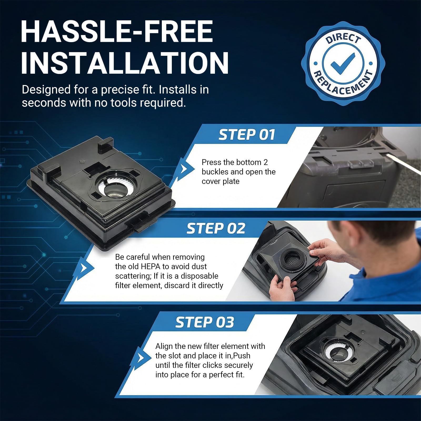 EZ SPARES filtre tenu en main pour montrer installation simple et ajustement