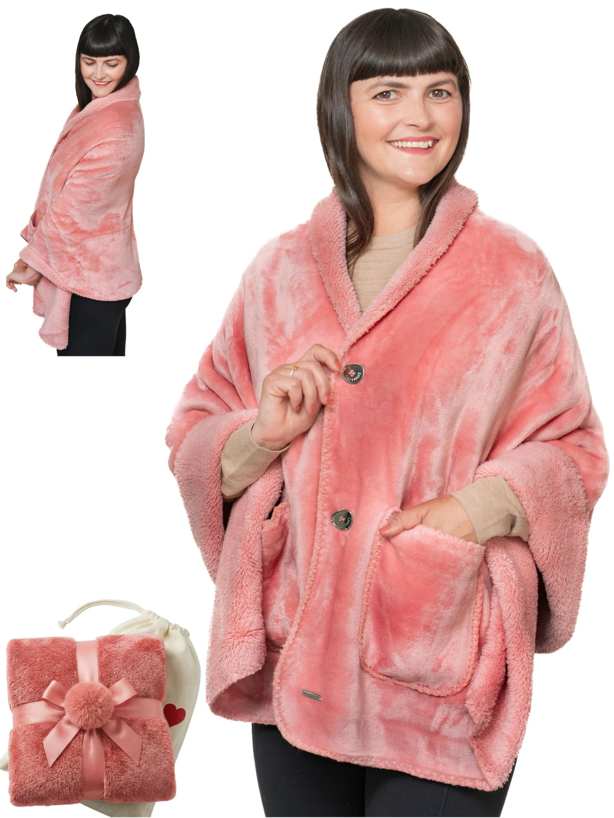 EzrAllora poncho devant rose montré fermé, confort visible et style pratique