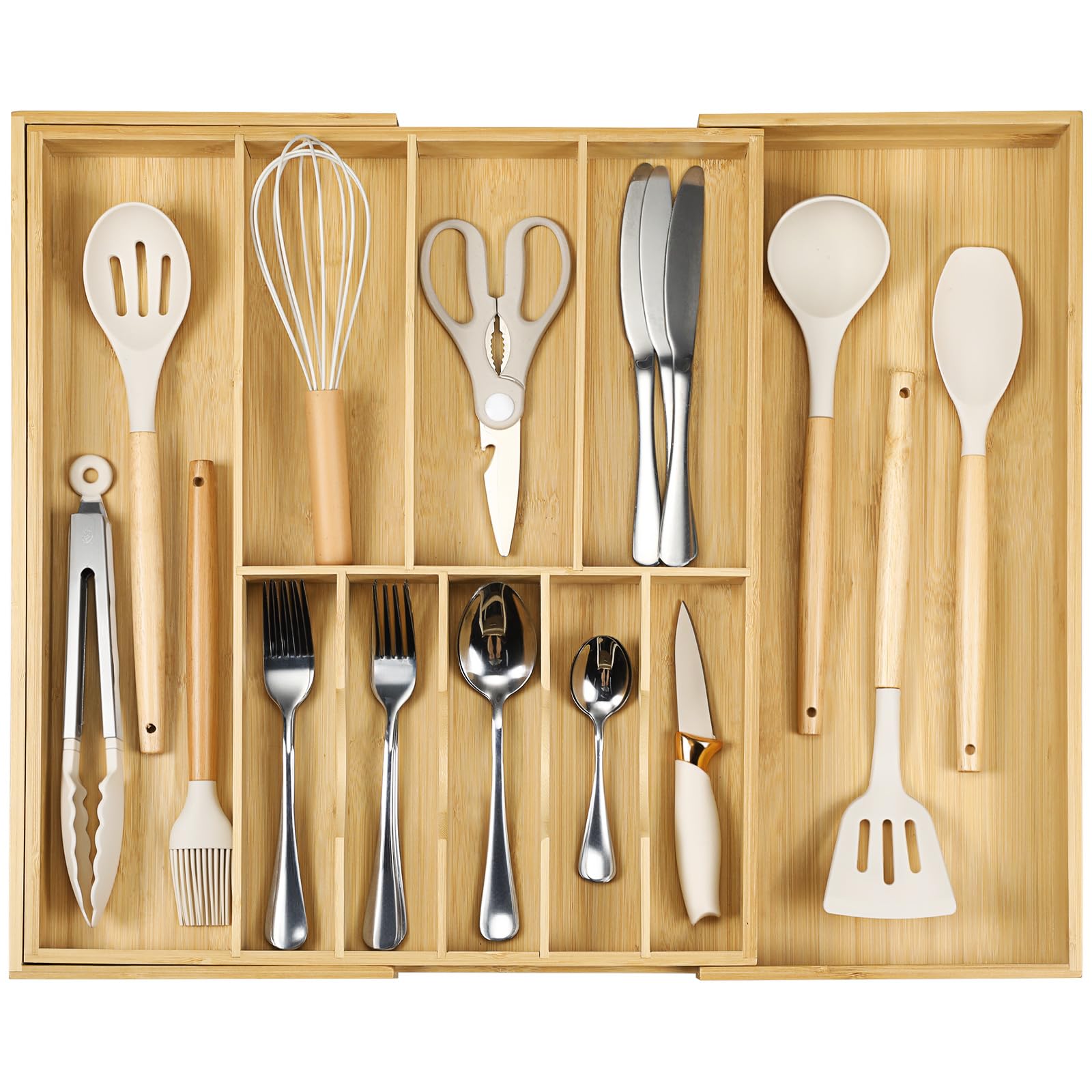 Fabsome vue de face du plateau en bambou montrant l'organisation nette et durable