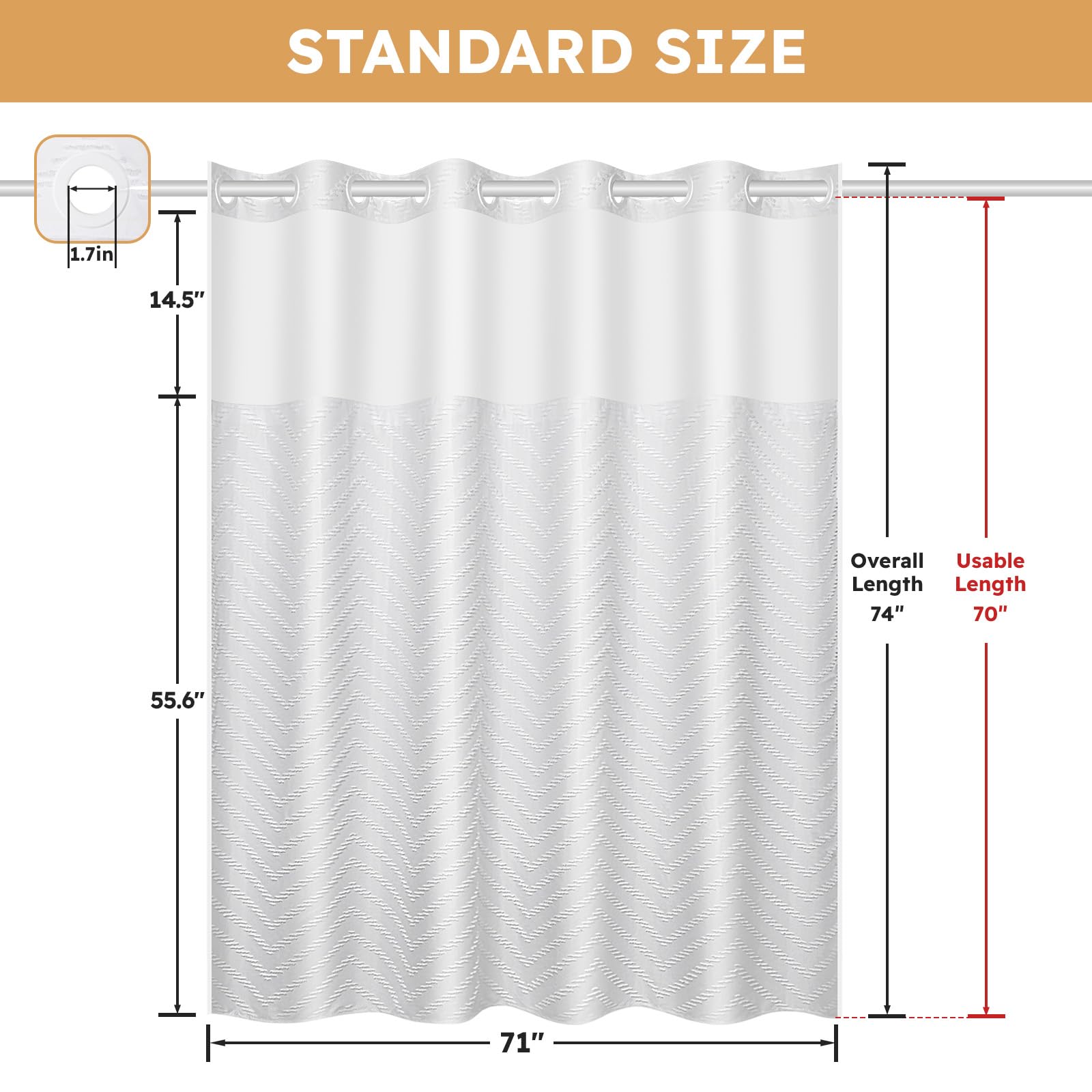 FADOTY comparaison d'échelle montrant 71" x 74" adapté aux douches standards