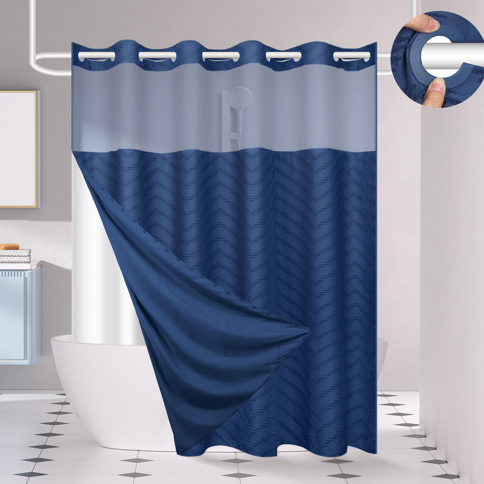 FADOTY rideau de douche bleu vue avant pour installation rapide