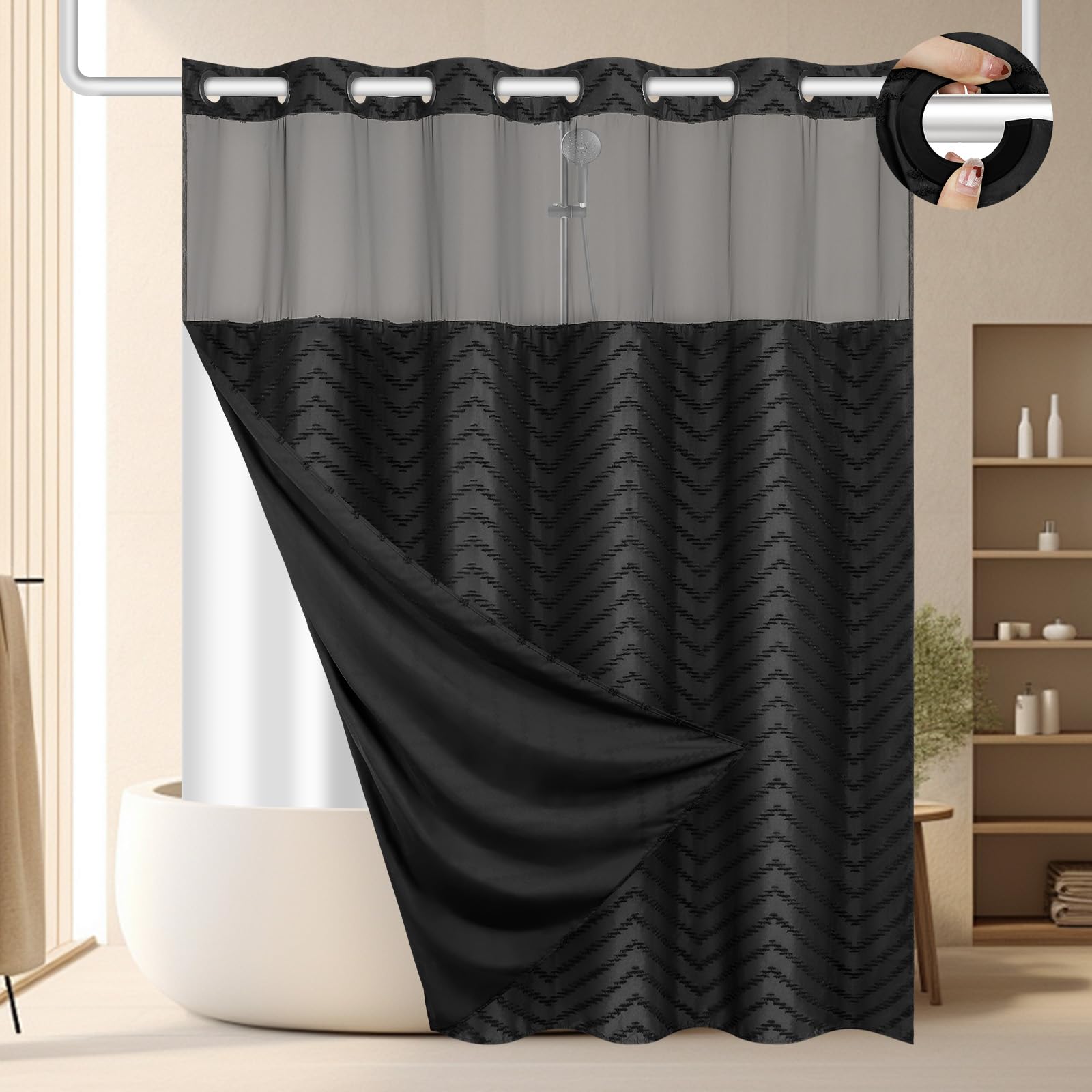 FADOTY rideau de douche noir face pleine montrant style moderne et facilité d'installation