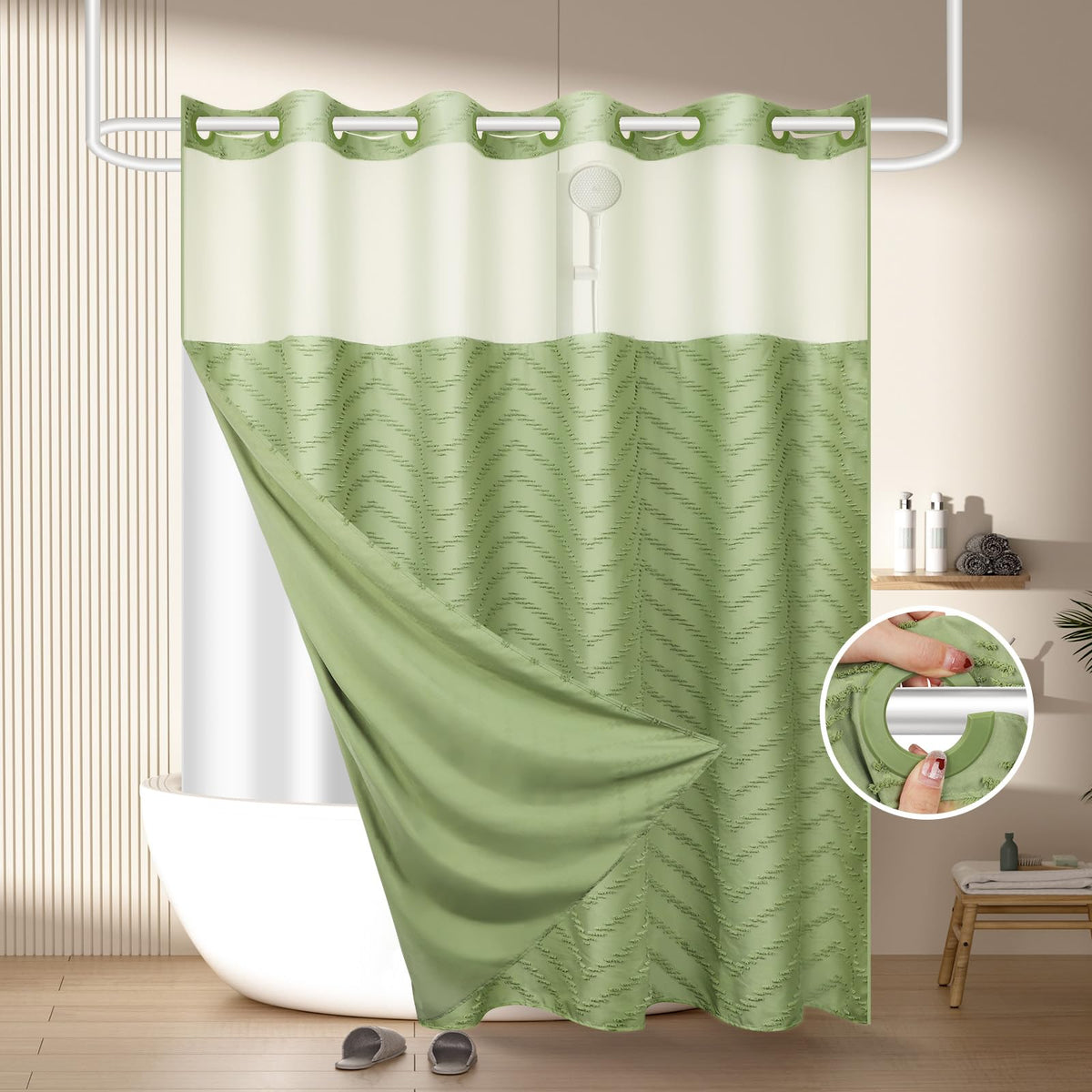 FADOTY rideau de douche vert face avant montrant l’installation rapide
